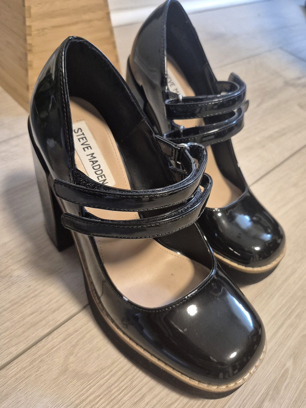 Steve Madden Black Patent Double-Strap Block Heel Pumps